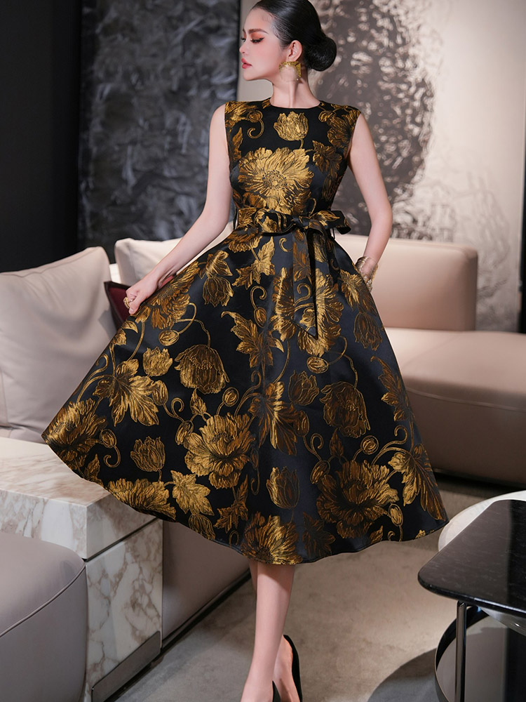 Street Fashion Runway - JUNLINNA ファッションエレガントなランウェイドレス女性夏ジャカード Vestidos エンボスミディレディストリートウェアウエストサッシュ
