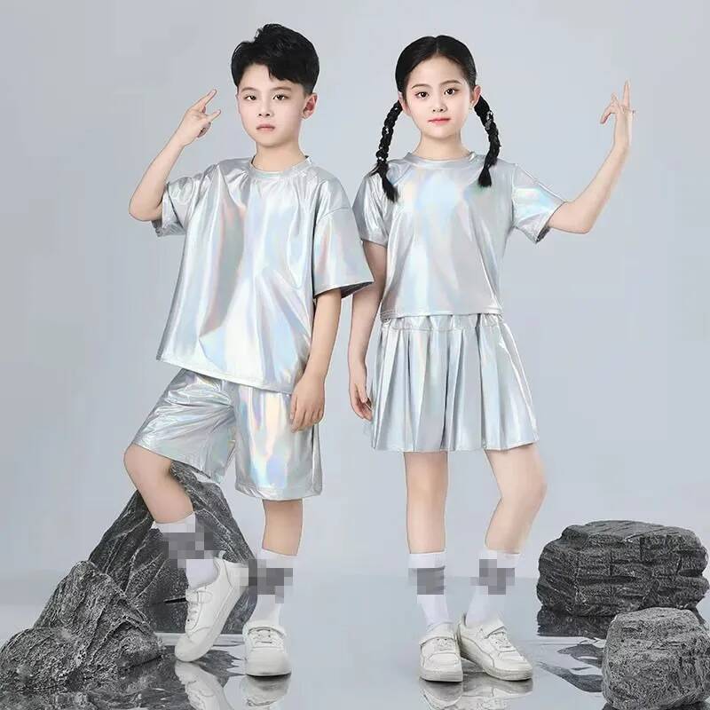 Street Fashion Runway - 男の子と女の子のヒップホップセットシルバーカラージャズダンス衣装子供パフォーマンス服ファッション滑走路ストリートダンス衣装