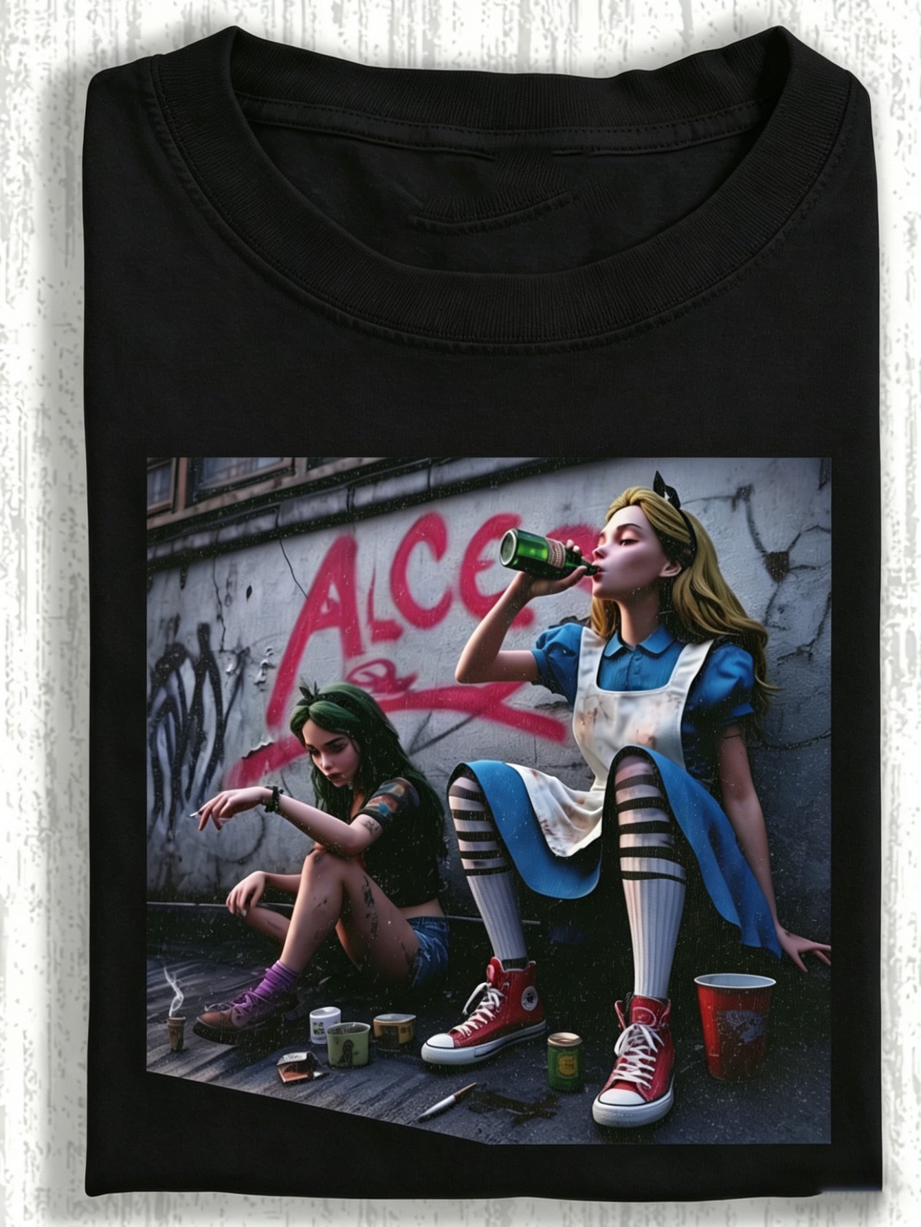 Street Fashion Graffiti - ダブルビビッド反逆的なキャラクターがプリントされたTシャツ、ダメージ加工、汚れたグラフィティ背景、ストリートスタイル要素、ゆったりとしたオーバーサイズのトレンディカジュアルトップス、ファッショナブルなTシャツ、メンズ＆レディースカジュアルレトロダメージ加工、炒め加工。