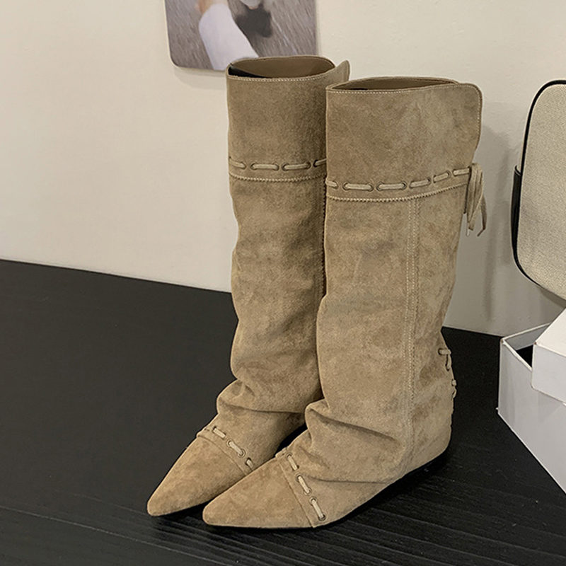 Street Fashion Designers - Liyke ファッションデザイン巾着レースアップニーハイブーツ女性ヴィンテージポインテッドトゥ内側高さ増加ロング靴 Bota Ş Mujer