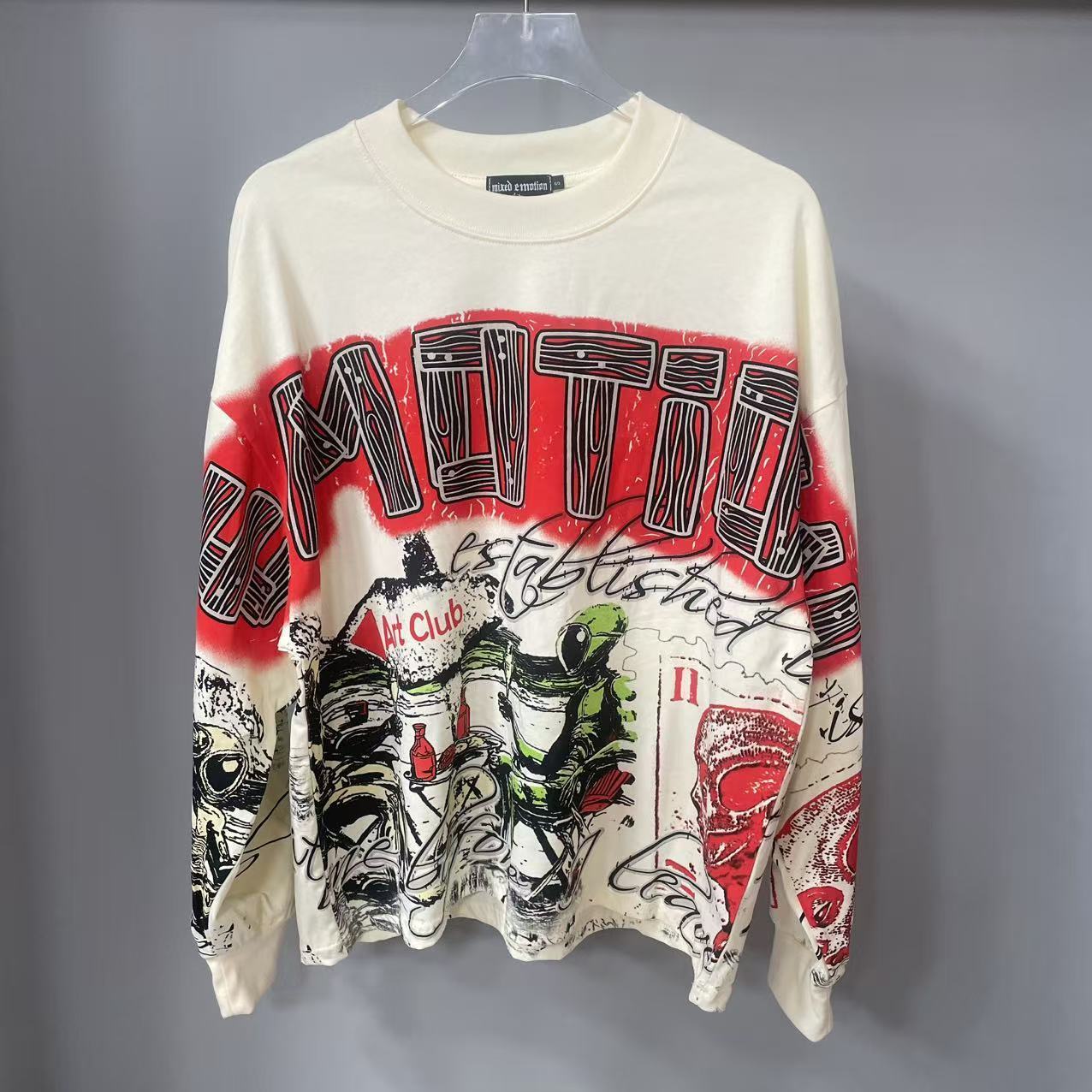 Street Fashion Designers - 高品質デザイナー MIXED-EMOTION 長袖Tシャツ 100%コットン メンズ＆レディース ヴィンテージプリント＆ホットフィックスラインストーン