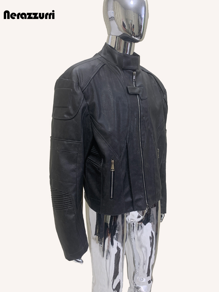 Street Fashion Runway - ネラッズーリ秋ショート丈ダメージ加工ブラックPUレザージャケットメンズ高級デザイナーズアメリカンヴィンテージメンズウェアランウェイファッション