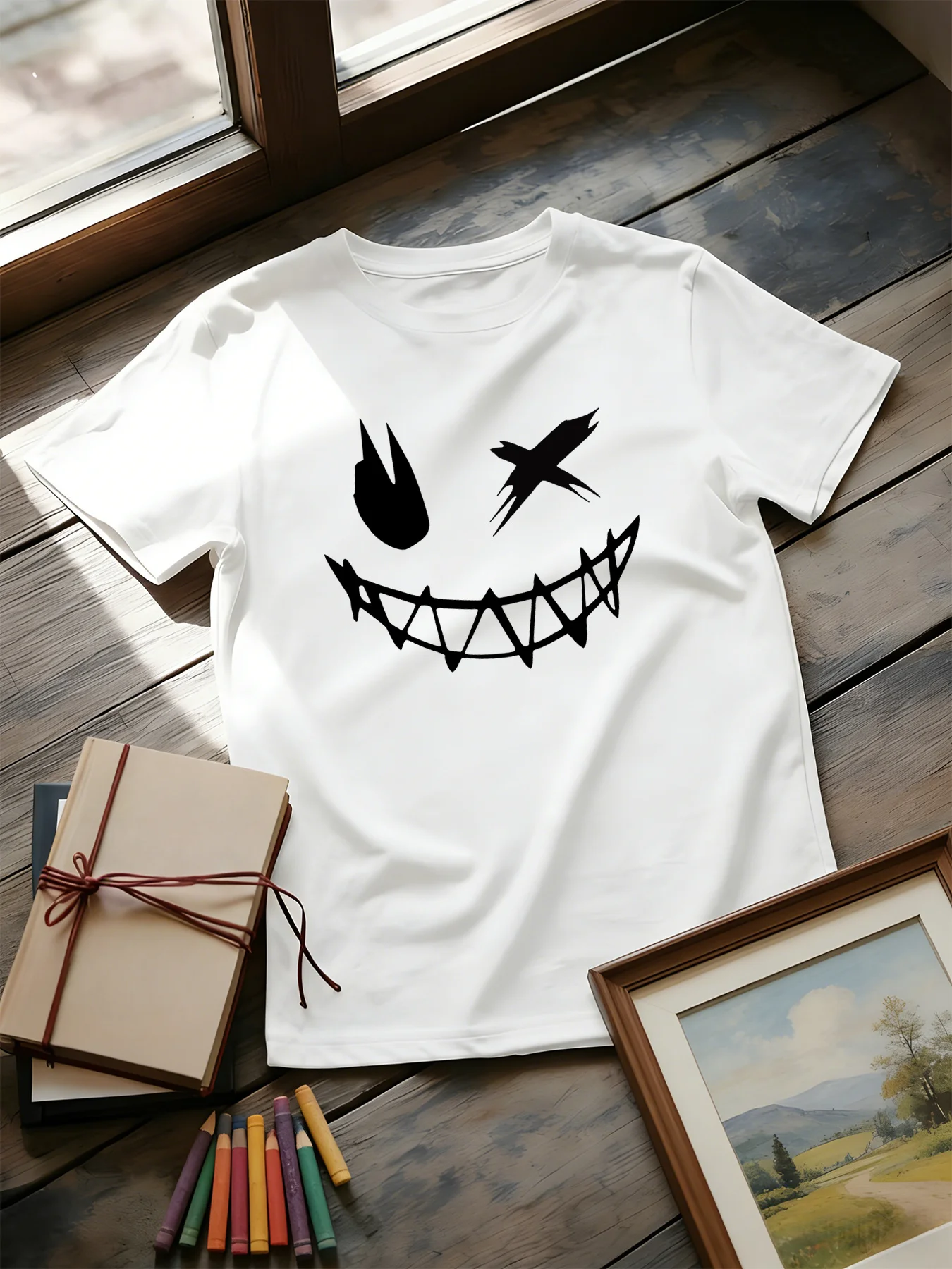 Street Fashion Culture - ダークデビル笑顔ファッションパターンプリントゴシックスタイルダークファンストリートカルチャー要素親子Tシャツ