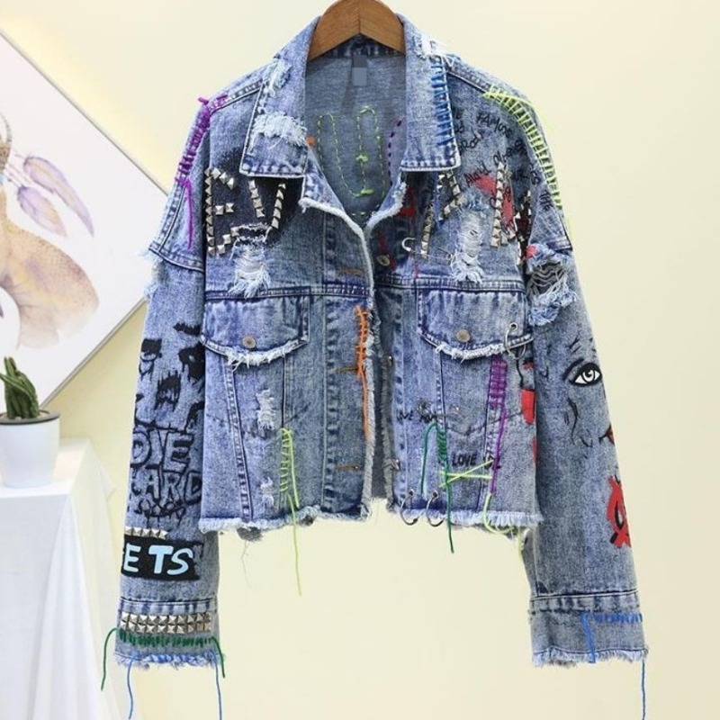 Street Fashion Graffiti - トレンディな落書きカジュアルデニムショートジャケット レディース パーソナライズコート リベット付き 快適トップス カラーフリンジ付き