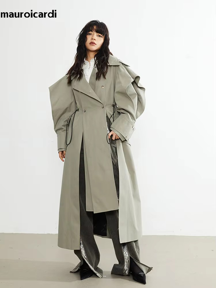 Street Fashion Runway - Mauroicardi-女性のためのエレガントなフリルトレンチコート,ロングオーバーコート,ダブルブレスト,高級デザイナー,ランウェイファッション,春