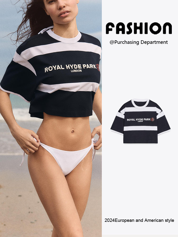 Street Fashion London - 春の新作レディースファッショナブルで多用途なロンドン刺繍ストライプショルダーバーイング半袖Tシャツストリートスタイルルーズフィット