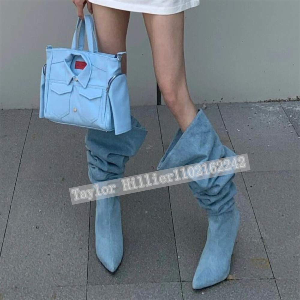 Street Fashion Runway - 春のブルーデニムプリーツスラウチシューズ女性のポインテッドトゥスティレットブーツファッションパーティーランウェイブーツ Zapatos Mujer 46
