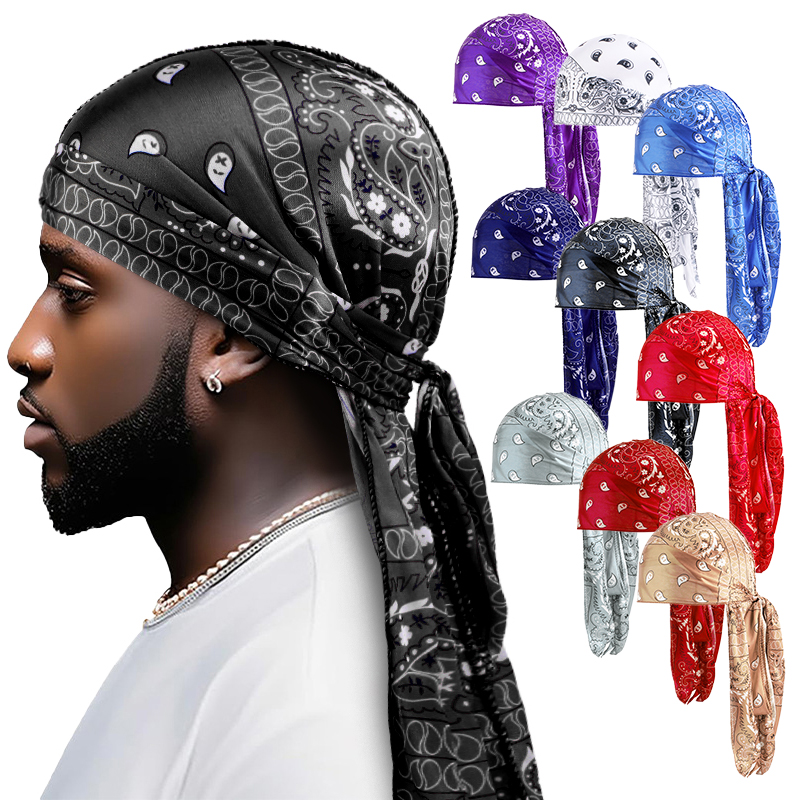 Street Fashion Hijab - アメーバプリントシルキーデュラグバンダナロングテール海賊ターバンキャップカシューフラワーデュラグターバン屋外サイクリング乗馬ストリート帽子ヒジャブ
