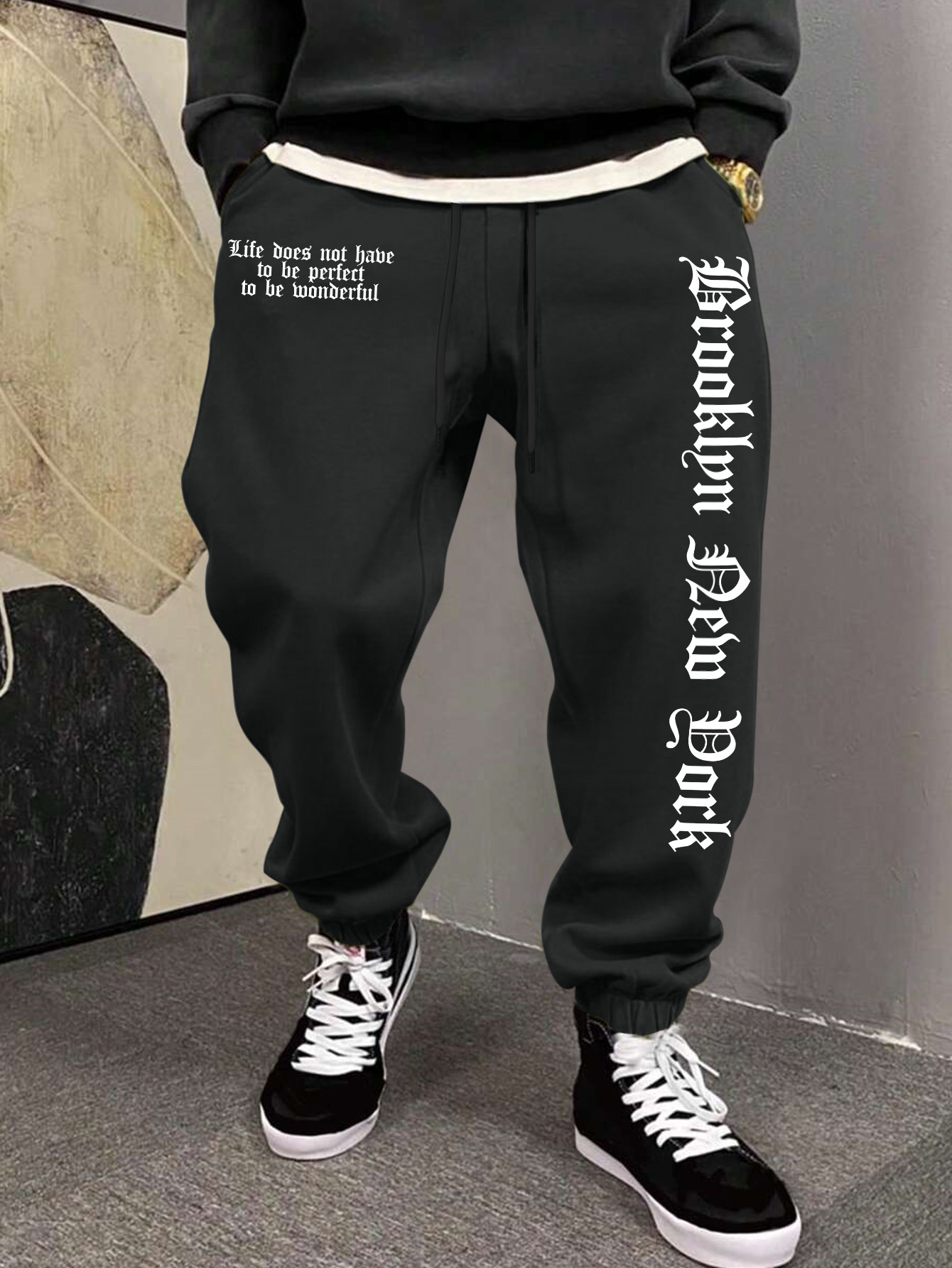 Street Fashion Nyc - メンズ美的 NYC ライフスローガンアートプリントスウェットパンツ伸縮性ウエストジョガー快適なデイリーヒップホップストリートファッションボトムス