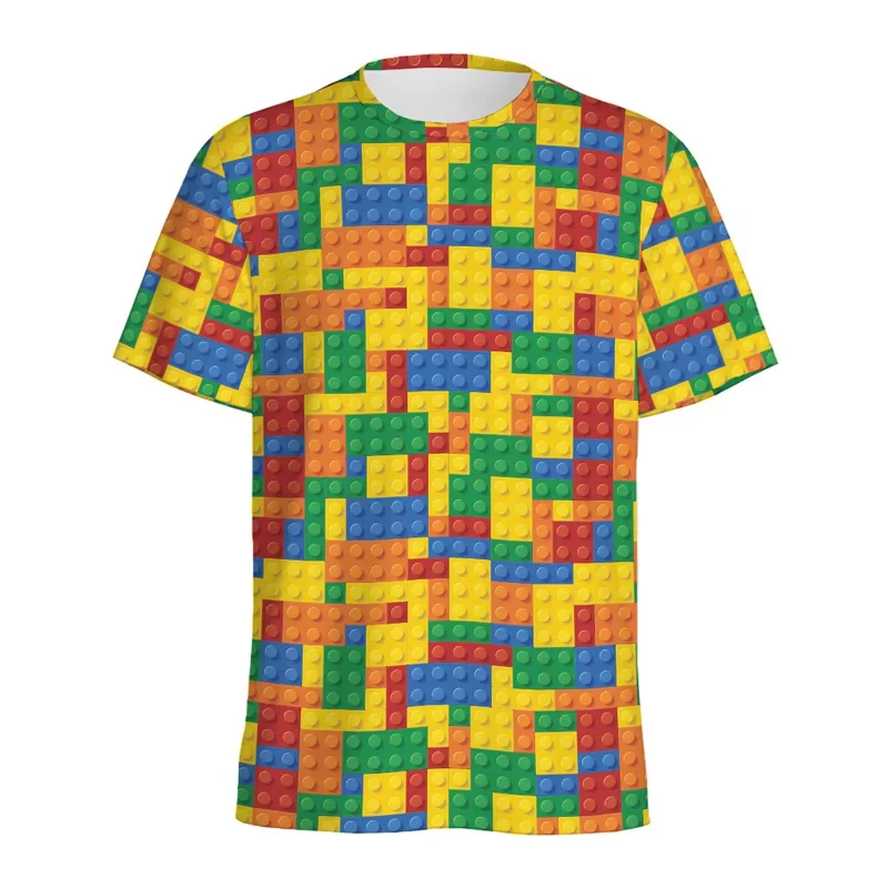 Street Fashion Videos - レトロビルディングブロック 3D プリント Tシャツ男性ジグソーパズルビデオゲームパターン Tシャツストリート夏カジュアル半袖トップ