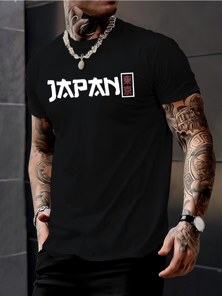 Street Fashion For Short Guys - 男性用半袖クルーネックTシャツ 日本 東京 漢字プリント 薄手コットン 夏