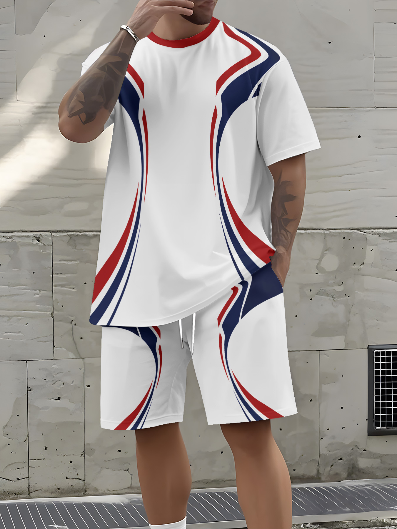 Street Fashion Designers - 2026年夏新作 メンズ半袖セットアップ 3Dストライプ柄プリント ストリートカジュアルファッション 通気性デザイン