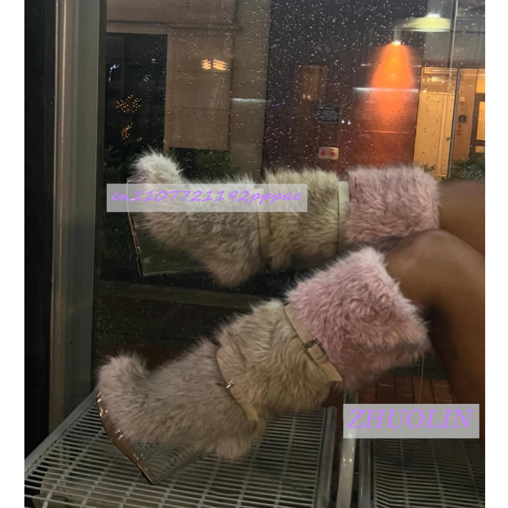 冬のグラデーション毛皮のような透明ウェッジブーツ女性の甘いベ - Street Fashion Runway のレビューと価格