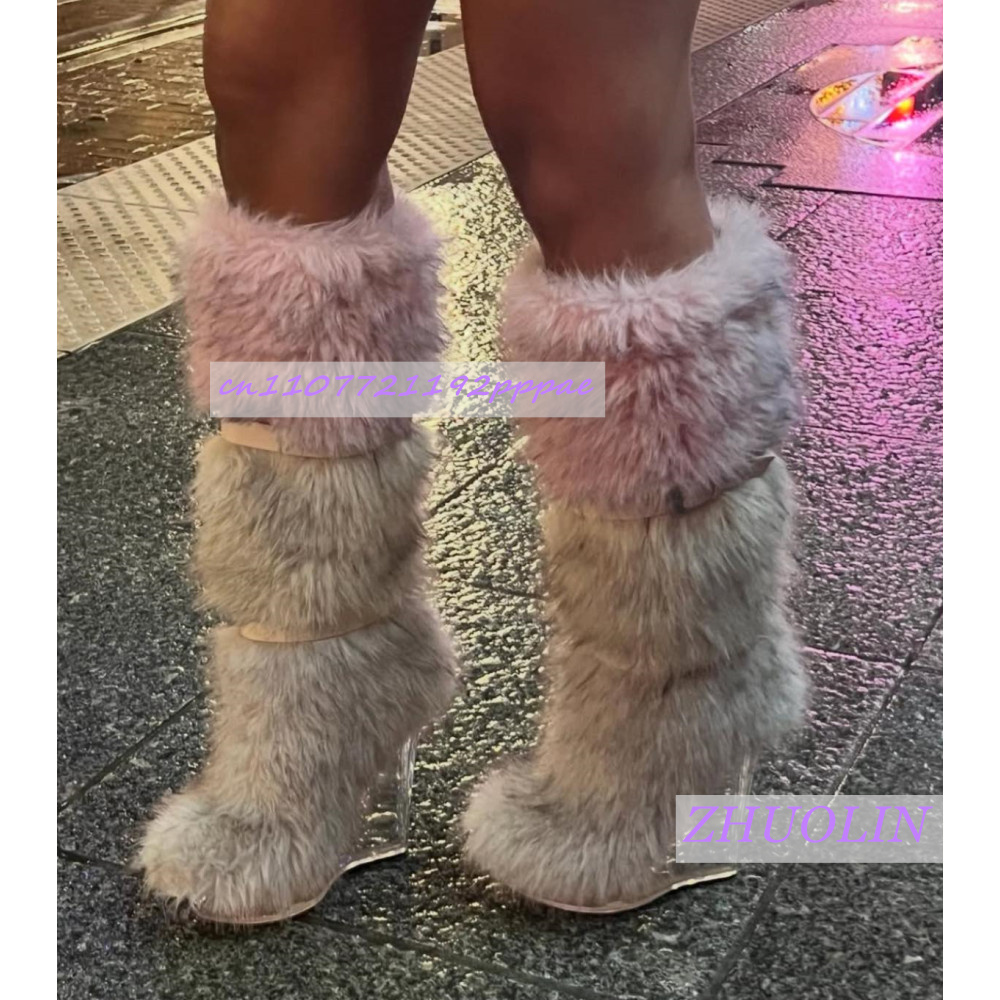 冬のグラデーション毛皮のような透明ウェッジブーツ女性の甘いベ - Street Fashion Runway のレビューと価格
