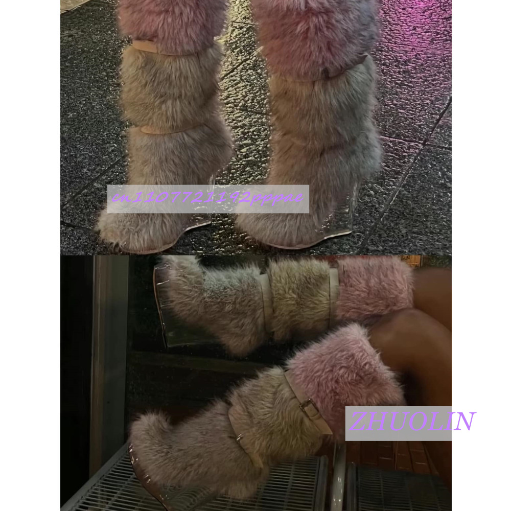 冬のグラデーション毛皮のような透明ウェッジブーツ女性の甘いベ - Street Fashion Runway のレビューと価格