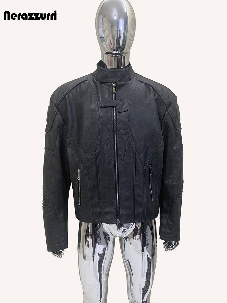 ネラッズーリ秋ショート丈ダメージ加工ブラックPUレザージャケ - Street Fashion Runway のレビューと価格