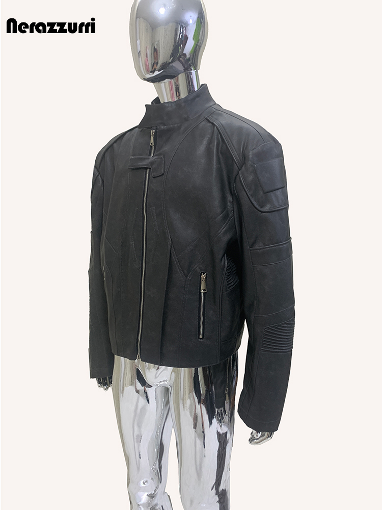 ネラッズーリ秋ショート丈ダメージ加工ブラックPUレザージャケ - Street Fashion Runway のレビューと価格