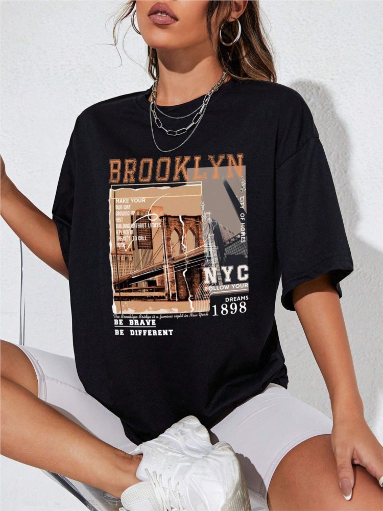 春の女性の綿 Tシャツ手紙ブルックリン NYC 1898 グ - Street Fashion Nyc のレビューと価格