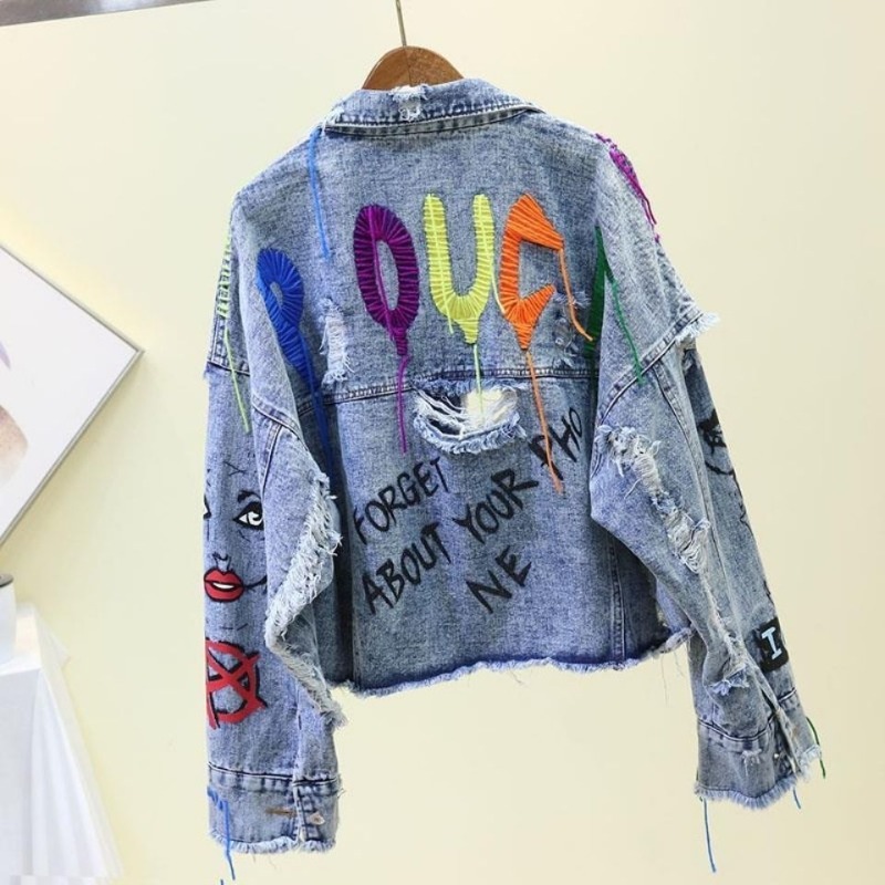 トレンディな落書きカジュアルデニムショートジャケット レディ - Street Fashion Graffiti のレビューと価格