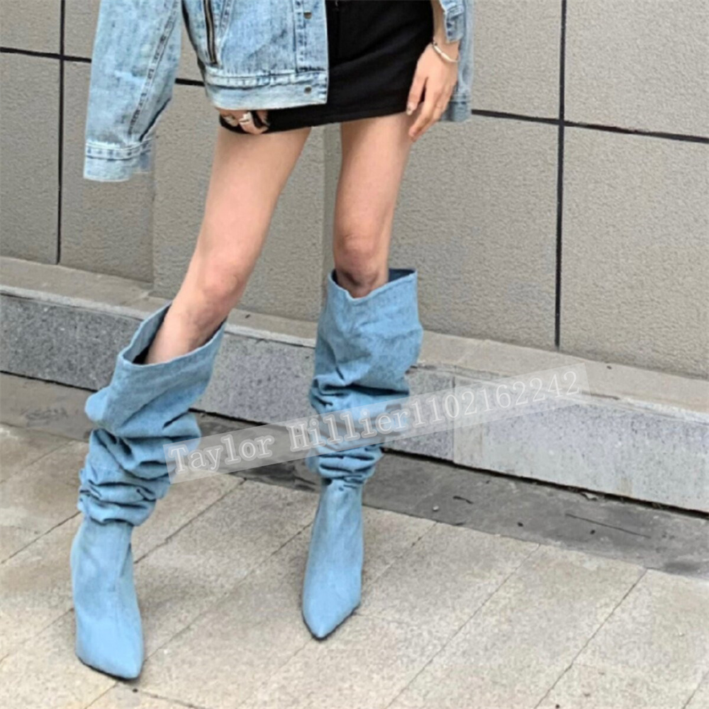 春のブルーデニムプリーツスラウチシューズ女性のポインテッドト - Street Fashion Runway のレビューと価格