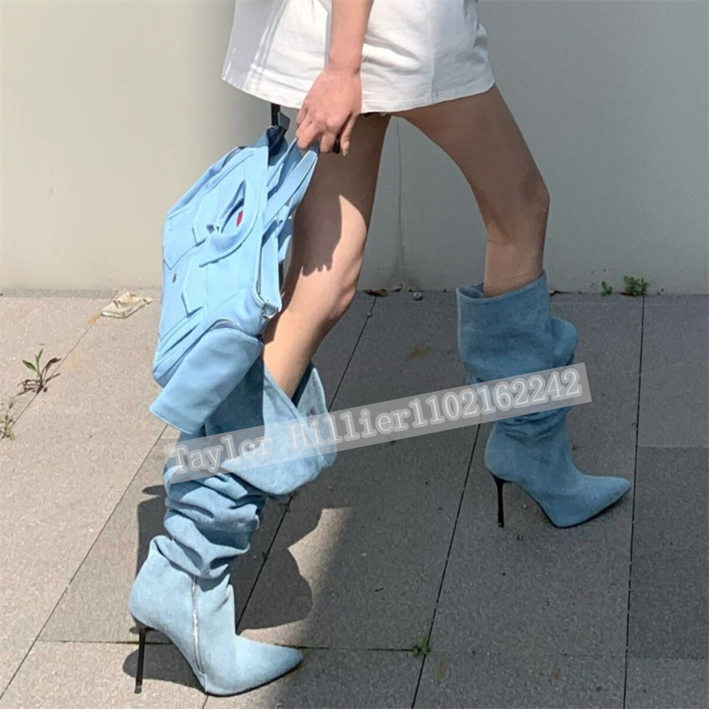 春のブルーデニムプリーツスラウチシューズ女性のポインテッドト - Street Fashion Runway のレビューと価格